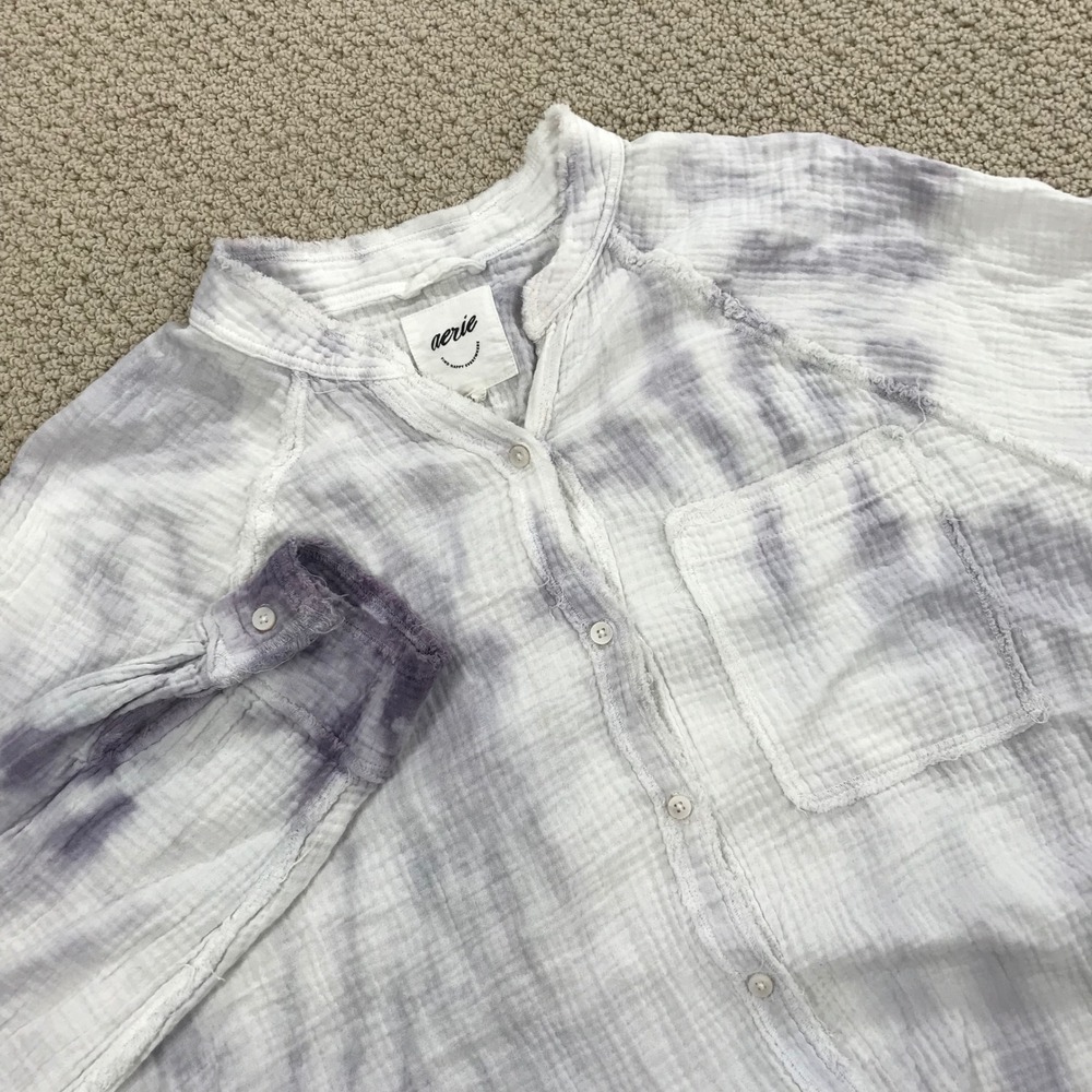 Aerie Purple White Tie Dye Double Gauze Cotton Button Down Shirt Small/P Boho